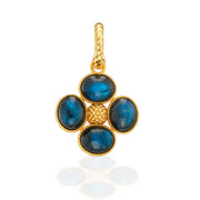 Add a beautiful token of luck to any chain to carry with you wherever you go. Our clover pendant is made with luminous orbs of blue labradorite gemstones with intricately detailed golden accents and a gilded berry center.