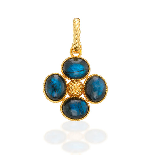 Add a beautiful token of luck to any chain to carry with you wherever you go. Our clover pendant is made with luminous orbs of blue labradorite gemstones with intricately detailed golden accents and a gilded berry center.