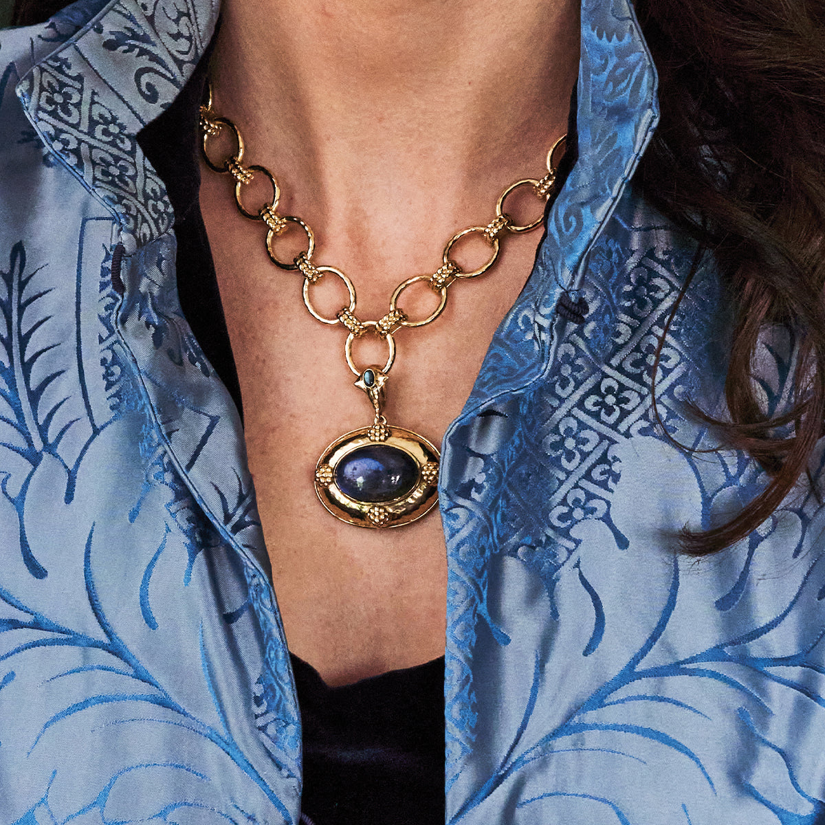 Cleopatra Removeable Pendant Necklace, 16"+2" - Blue Labradorite Close Up On Model