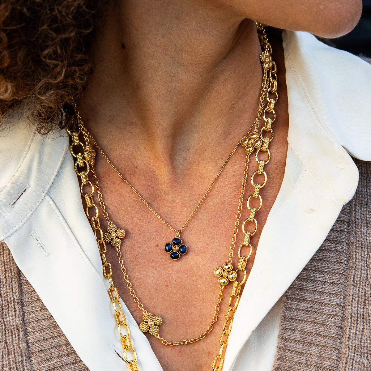 Berry Clover Double Sided Charm Necklace, 16"+2" - Blue Labradorite close up of front of necklace on model