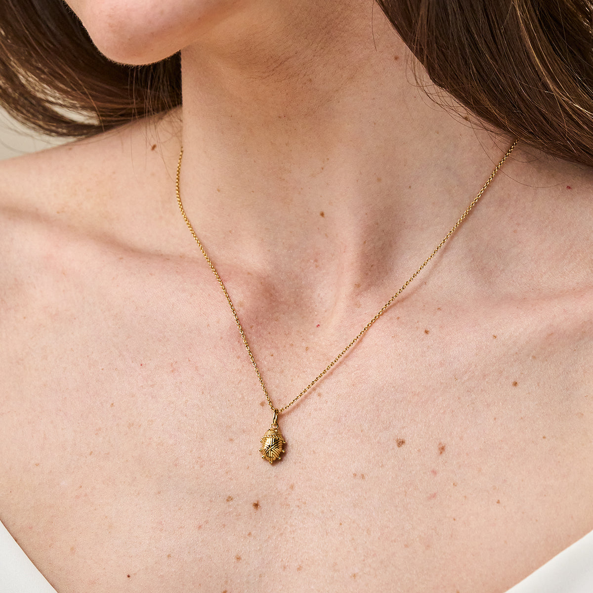 Scarab Petite Charm Necklace, 16"+2" - Gold close up of necklace on model