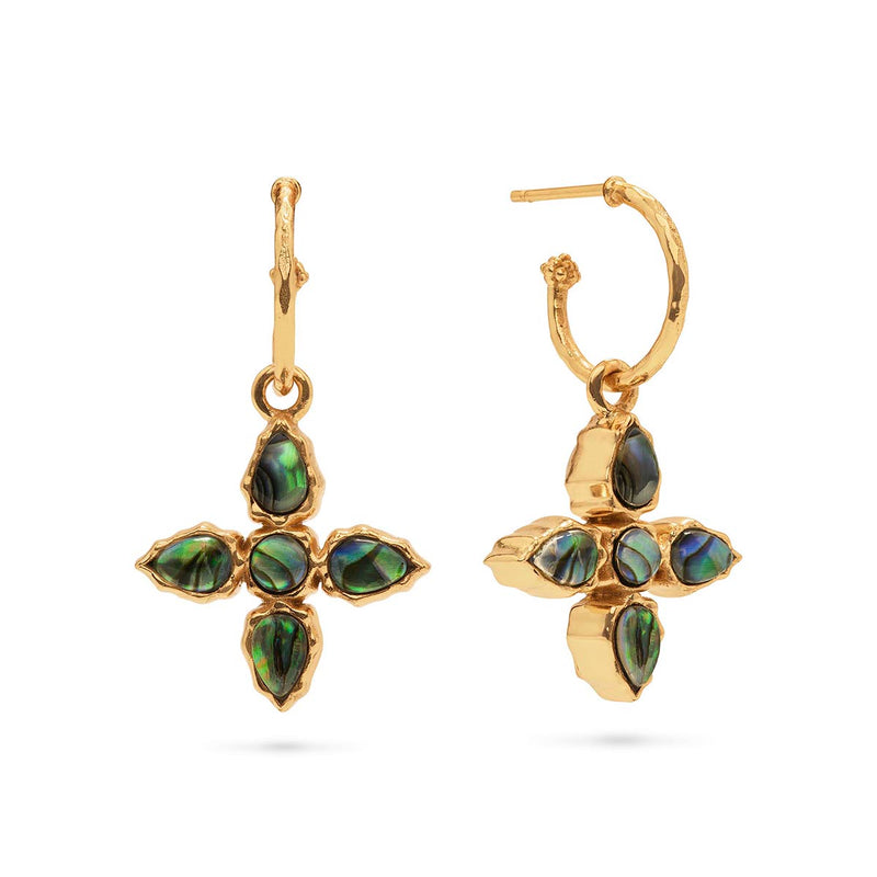 Inspired by the dancing northern lights, a pair of our abalone Aurora pendants are set in a molten flourish of gleaming gold and dangle daintily from classic hoops that are finished with a petite, gilded berry. Equal parts elemental and enchanting, this subtly stunning pair lends a little magic to your everyday outfits and evening ensembles alike.