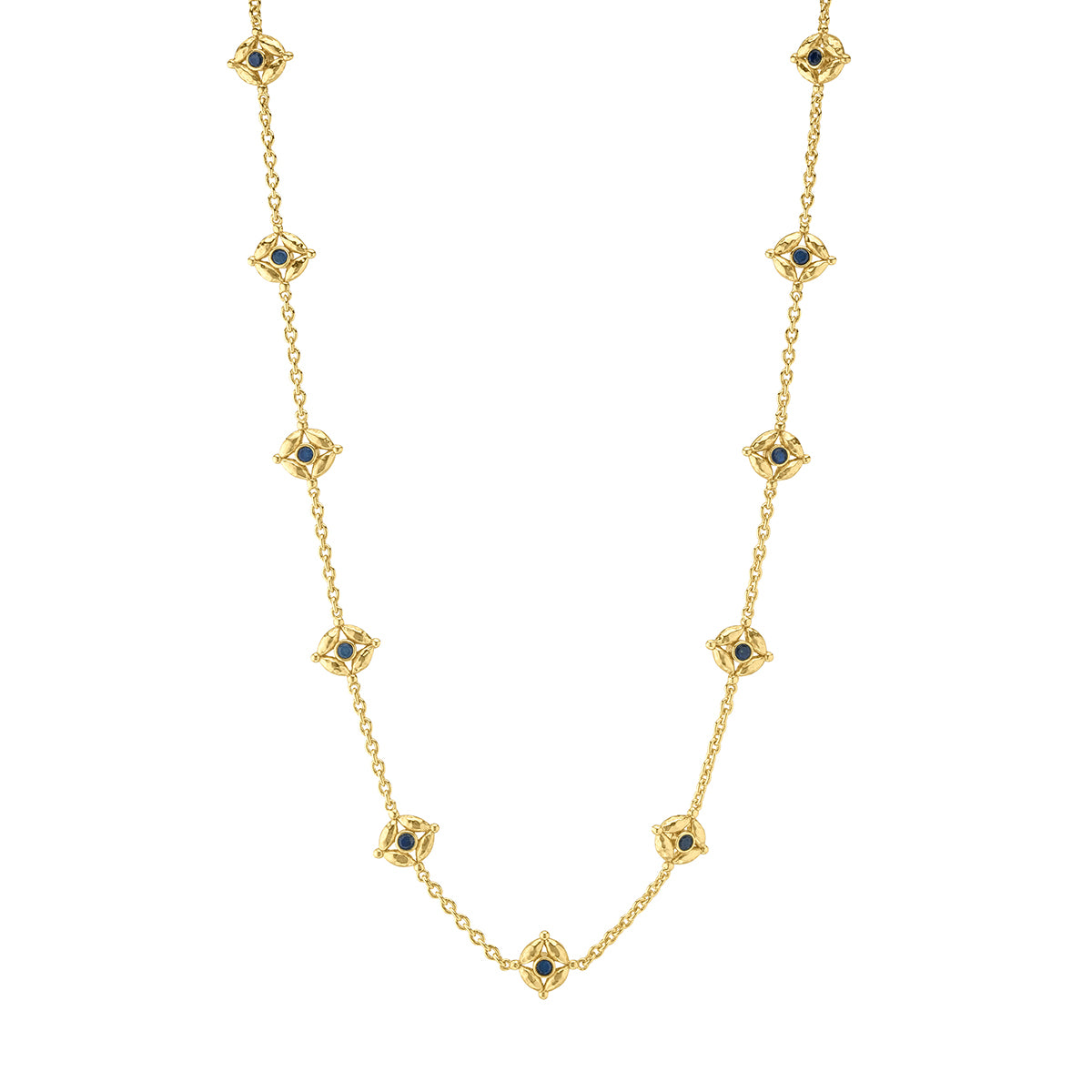 This double-sided chain necklace is a vision in bright, gleaming gold, interspersed with all-seeing eyes of lush green onyx and intense blue labradorite gemstones that flip throughout the day with a wink of playfulness. Mystical yet modern, this eye-catching piece is inspired by the cosmic place between your heart (feeling) and head (logic). Wear it long or doubled around your neck for a layered look and be reminded to trust your instincts, your inner sight.