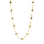 This double-sided chain necklace is a vision in bright, gleaming gold, interspersed with all-seeing eyes of lush green onyx and intense blue labradorite gemstones that flip throughout the day with a wink of playfulness. Mystical yet modern, this eye-catching piece is inspired by the cosmic place between your heart (feeling) and head (logic). Wear it long or doubled around your neck for a layered look and be reminded to trust your instincts, your inner sight.