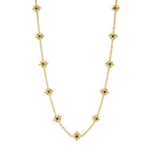 This double-sided chain necklace is a vision in bright, gleaming gold, interspersed with all-seeing eyes of lush green onyx and intense blue labradorite gemstones that flip throughout the day with a wink of playfulness. Mystical yet modern, this eye-catching piece is inspired by the cosmic place between your heart (feeling) and head (logic). Wear it long or doubled around your neck for a layered look and be reminded to trust your instincts, your inner sight.