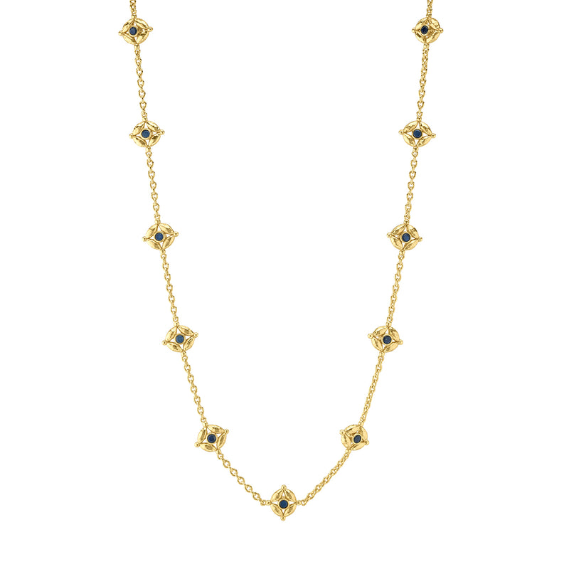 This double-sided chain necklace is a vision in bright, gleaming gold, interspersed with all-seeing eyes of lush green onyx and intense blue labradorite gemstones that flip throughout the day with a wink of playfulness. Mystical yet modern, this eye-catching piece is inspired by the cosmic place between your heart (feeling) and head (logic). Wear it long or doubled around your neck for a layered look and be reminded to trust your instincts, your inner sight.