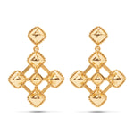 Finding beauty in the shapes of nature — from the circles in tree trunks to the tip of a star —this pair of geometric earrings articulate the perspective that life is art, with their square dance of intersecting lines and right angles done in bright gold that shimmers like the heavens.