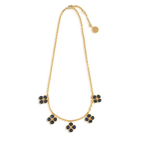 For everlasting luck, wear this dainty necklace chain interspersed with clovers of luminous blue labradorite gemstones trimmed with intricate golden detailing for an effect that’s stunning yet subtle.