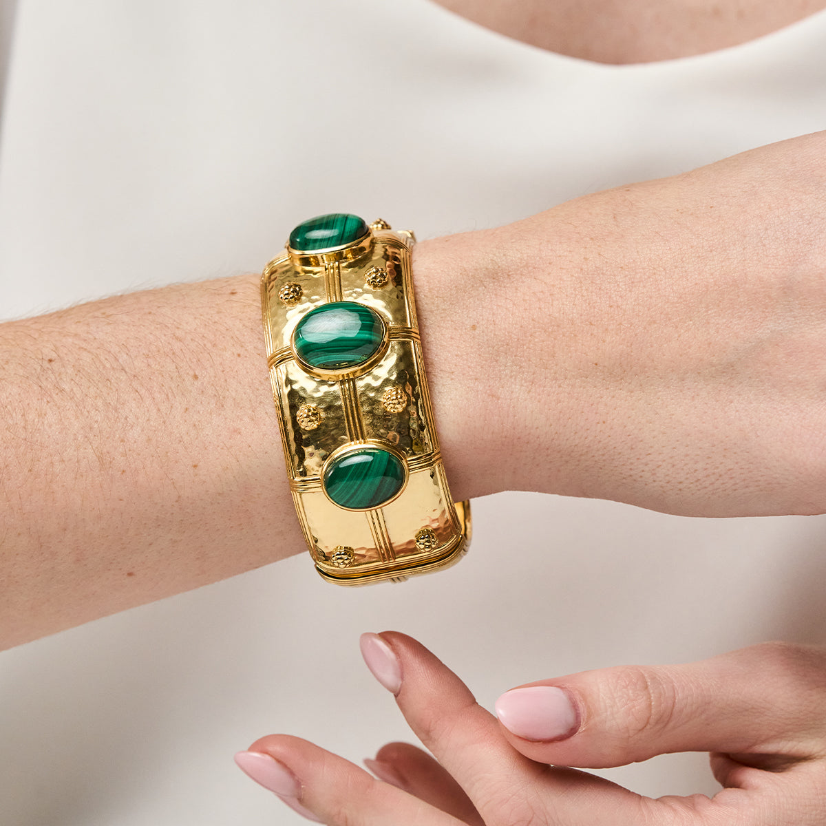 Cleopatra Grande Hinged Bangle - Malachite On Model