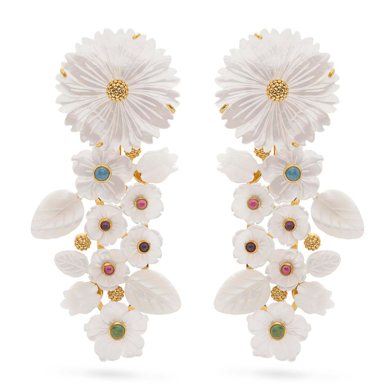 No shrinking violets here! The boldly feminine and botanic beauty of these statement earrings are balanced by the light and airy iridescence of natural mother of pearl. A cascade of flower petals and leaves is accented with delightful pops of colorful jade stones that frame your face to perfection and sway along as you dance to your favorite siren song.