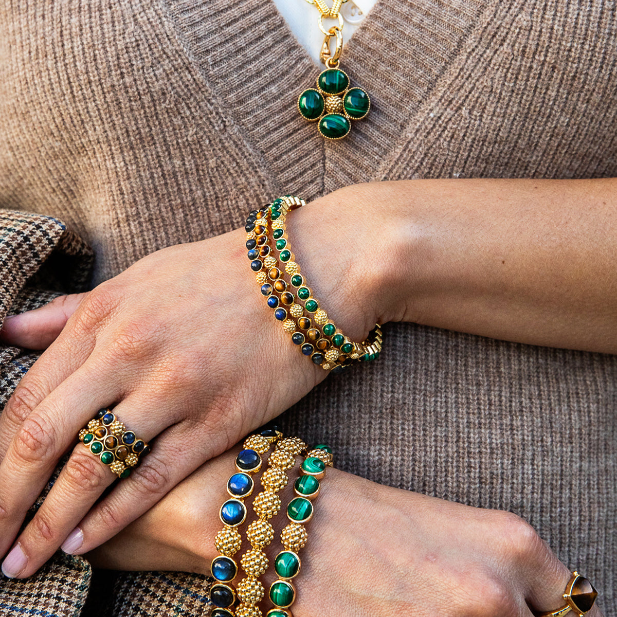 Berry Gem Petite Hinged Bangle - Tiger's Eye lifestyle of bracelet stack 