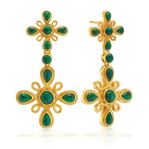Inspired by Capucine’s grandmother, a true Grande Dame de Paris, these swirling earrings in gorgeous green malachite are an expression of French style: ornate, golden splendor that feels fabulously elegant. Wearable with a classic white blouse, cocktail dress or a leather jacket—this versatile pair goes with practically everything.