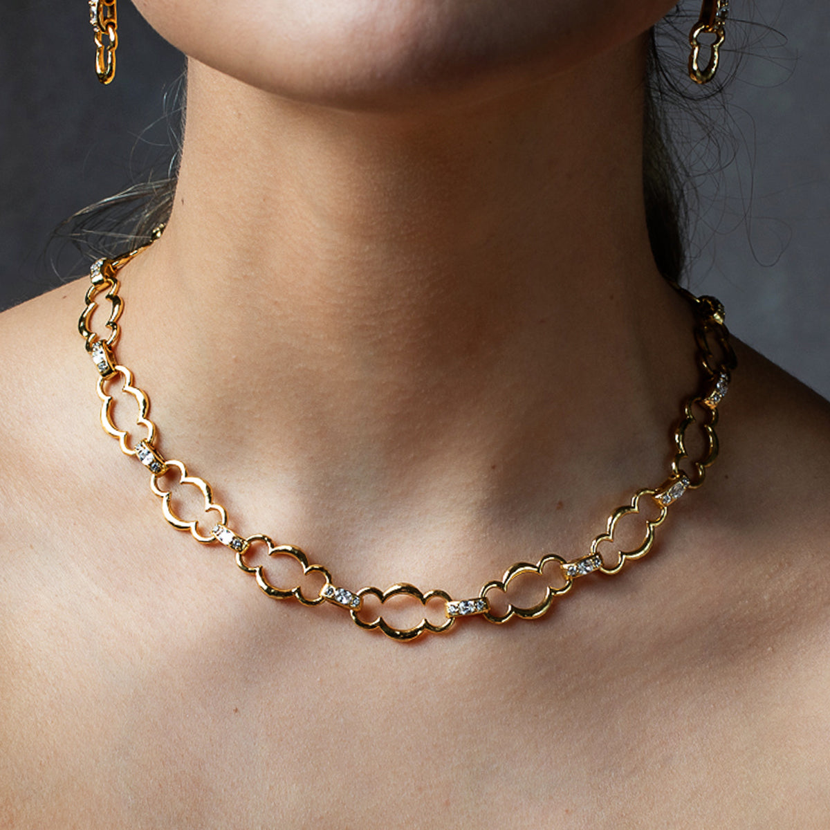 Maharani Grande Chain Necklace, 17"+2" - Clear Cubic Zirconia close up of necklace on model