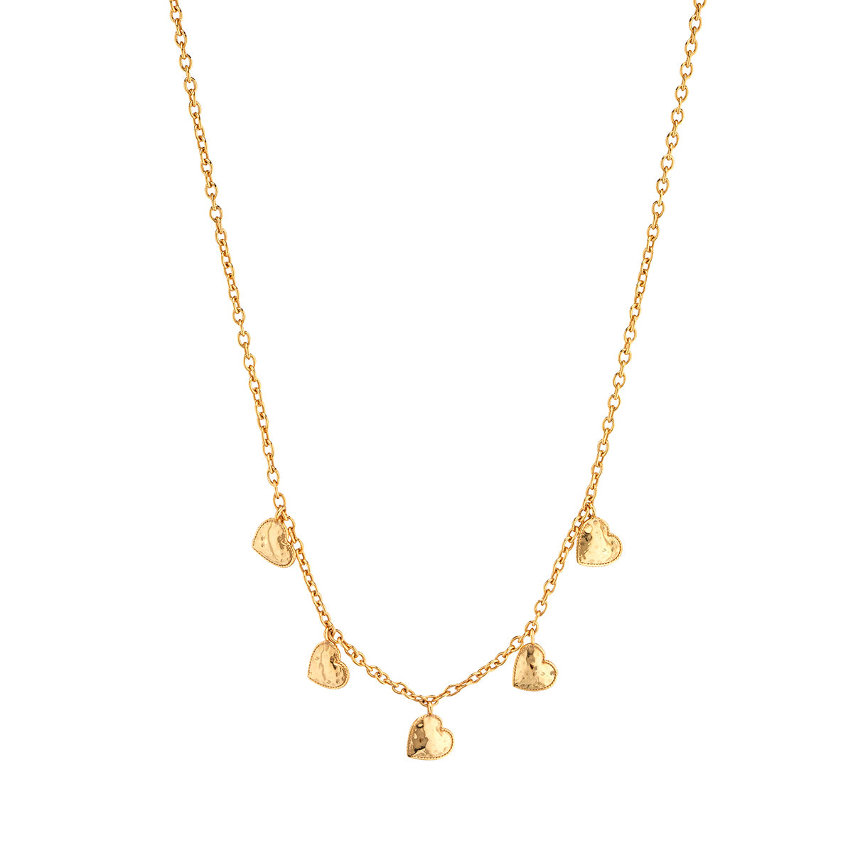 A sprinkling of hearts falls delicately at the collarbone, wrought in bright hammered gold and trimmed with our signature twisting thread, for an effect that’s feminine, elegant, and elevated. Wear this versatile necklace with practically everything—from t-shirt and jeans to business casual to date night—and be reminded of the power of love.