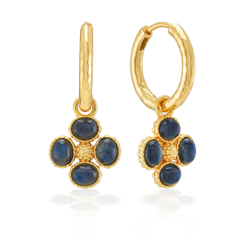 Classic hoops in hammered gold dangle our exquisitely detailed clover charms that are cleverly double-sided so you can choose how you wear them—gilded berry exterior with blue labradorite center or blue labradorite exterior with gilded berry center (or a combination)! Whichever clover you pick, the result is subtly stunning, romantic and unique. Lucky you!