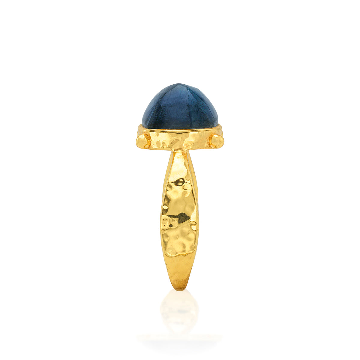 A mushroom-shaped gold ring featuring a smooth, dome-shaped dark blue gemstone on a white background.