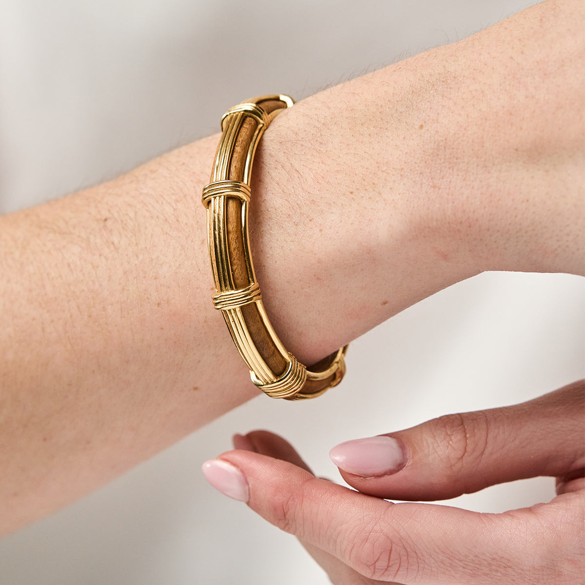 Gaia Petite Hinged Bangle, S/M - Teak Close Up