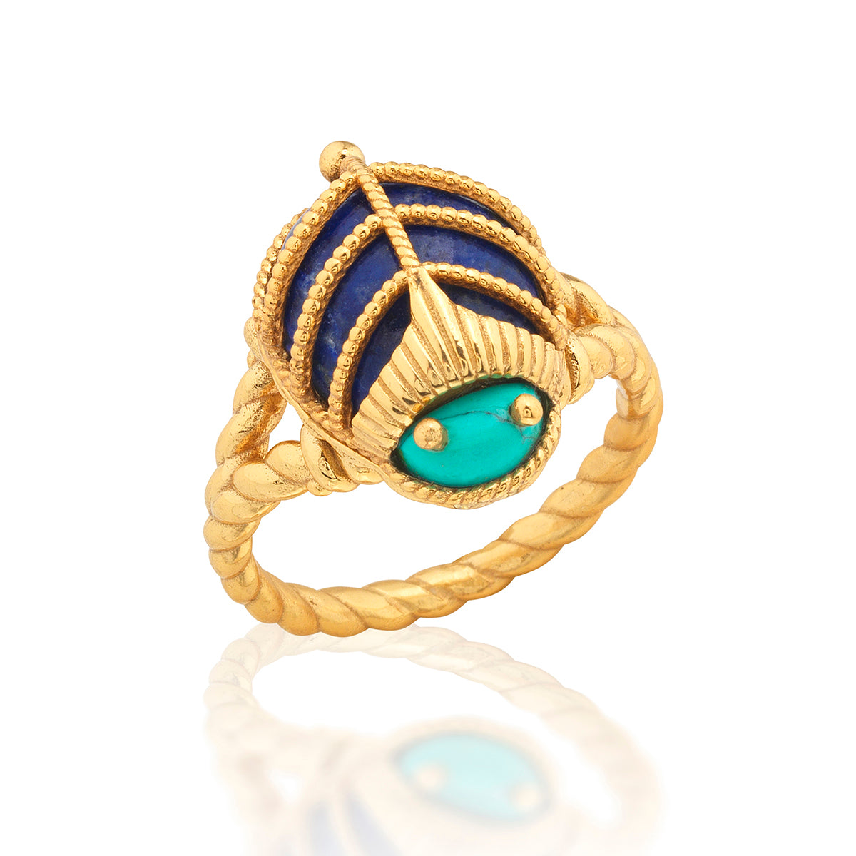 This colorful little character is an empowering talisman of resilience to carry with you every day. Our version of an ancient Egyptian amulet, this sacred scarab features polished lapis wings clad in an ornate, gilded exoskeleton with a turquoise head atop a flash gold-plated brass ring band.
