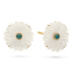 Our imagined Mermaid Garden is a collection conjured from a daydream, where Poseidon's many daughters became enchanted by the beautiful flowers they spied on land and recreated their own ethereal blooms out of mother of pearl plucked from the sea. This pair of classic stud earrings is given a fresh, floral twist with exquisite detailing, a pop of ocean-colored jade in the center and the eye-catching luminescence of natural shell. Elegant, whimsical, and polished, these botanical beauties bring femininity an