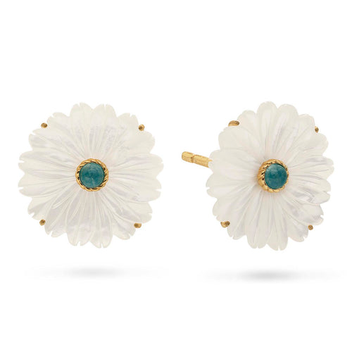 Our imagined Mermaid Garden is a collection conjured from a daydream, where Poseidon's many daughters became enchanted by the beautiful flowers they spied on land and recreated their own ethereal blooms out of mother of pearl plucked from the sea. This pair of classic stud earrings is given a fresh, floral twist with exquisite detailing, a pop of ocean-colored jade in the center and the eye-catching luminescence of natural shell. Elegant, whimsical, and polished, these botanical beauties bring femininity an
