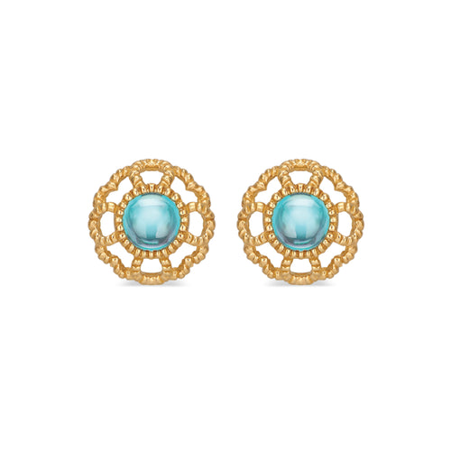 Our iconic blossom, a symbol for spreading Love, embraces a decadent cabochon cut London blue topaz stone set in 18K gold stud earrings.