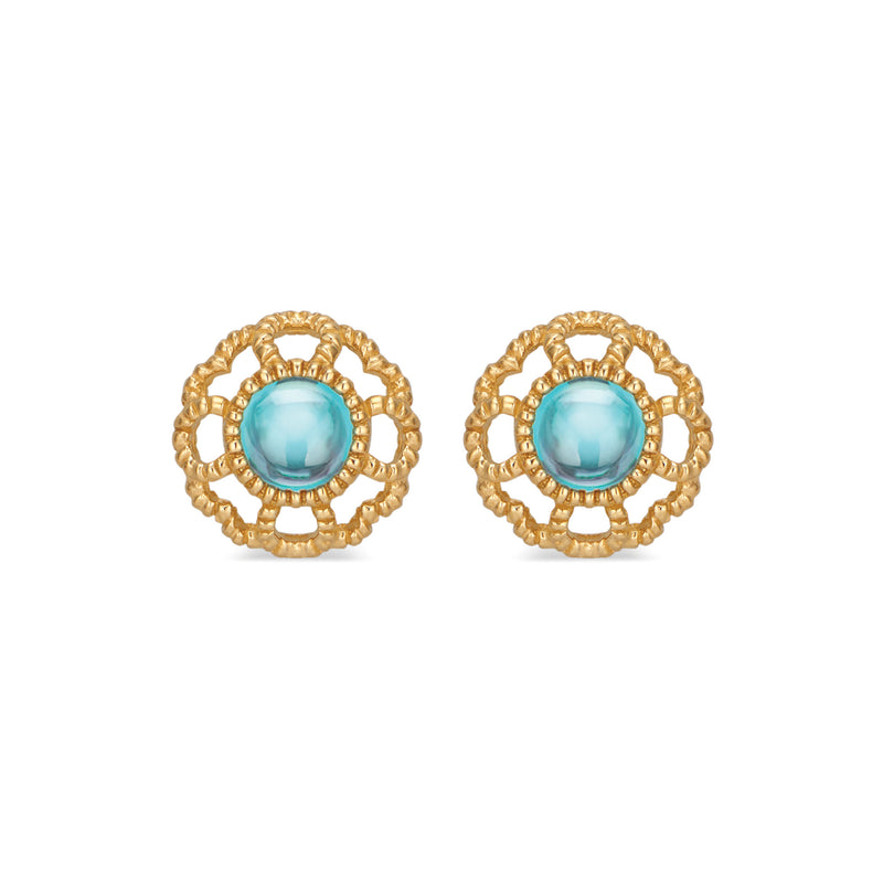 Our iconic blossom, a symbol for spreading Love, embraces a decadent cabochon cut London blue topaz stone set in 18K gold stud earrings.