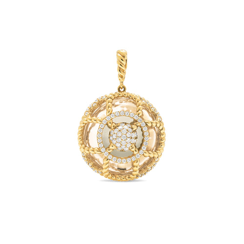 A luminous and dazzling pendant of quartz crystal is embraced by our iconic blossom, a symbol for spreading Love. Festooned with sparkling diamonds set in 18K gold, this gorgeous pendant is designed to be worn with our Matriarch Pearl Chain Necklace or your favorite chain.