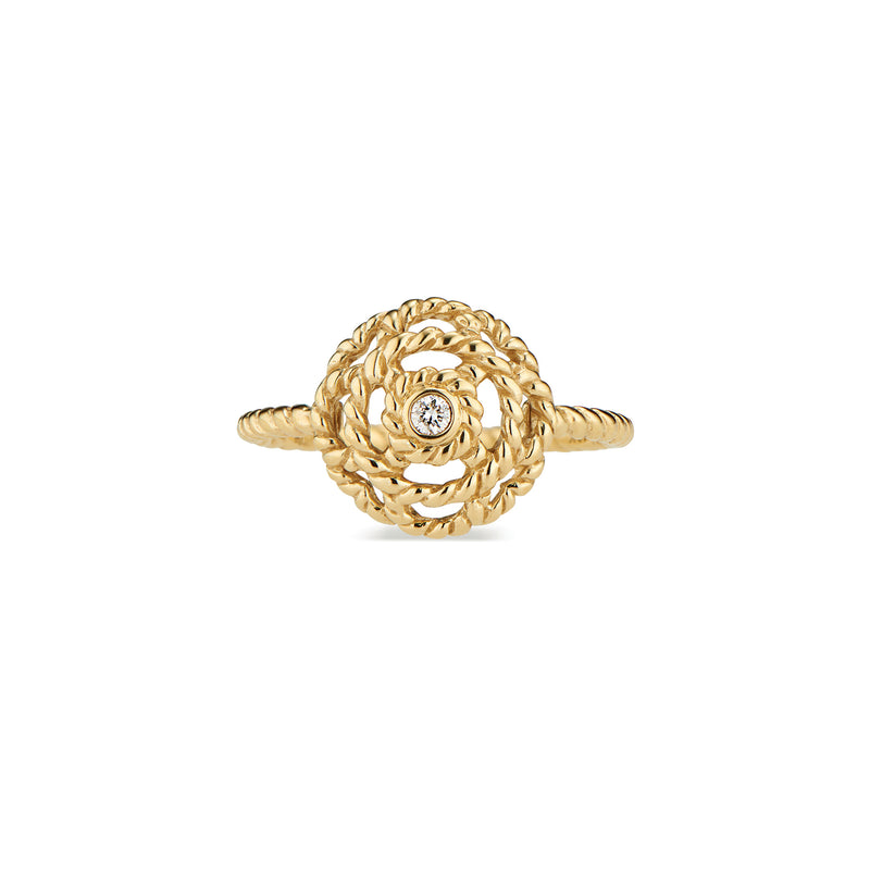 Our iconic blossom, a symbol for spreading Love, graces this petite ring, which features a single sparkling diamond nestled in 18K gold.