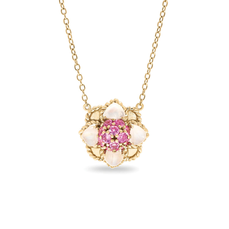 Fearless flowers who won’t give up until they reach the light they seek; this Daisy Rock Pendant necklace is a rich and colorful little blossom featuring dazzling pink sapphires and luminous moonstone set in 18K gold.