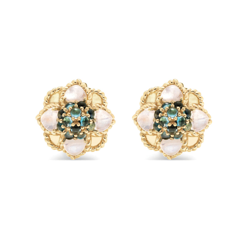 Fearless Flowers who won’t give up until they reach the light they seek, these Daisy Rock Stud Earrings are rich and colorful little blossoms featuring decadent London blue topaz and glowing moonstone set in 18K gold.