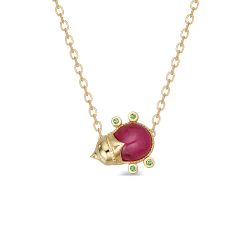 This precious little Lovebug necklace whispers words of love into the heart of the wearer.  A single gleaming ruby center stone is set in 18K gold with tiny, tsavorite feet. 