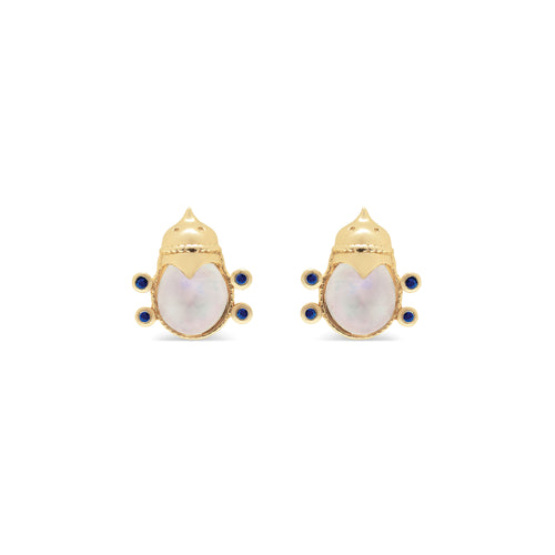 These precious little Lovebugs whisper words of love into the ears of the wearer. Luminous rainbow moonstone center stones are set in 18K gold with tiny, blue sapphire feet. 