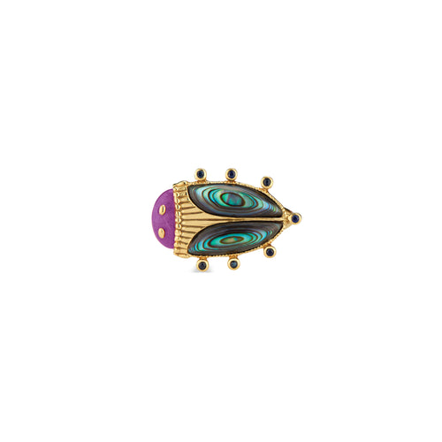 Exotic, regal and refined our stunning Sacred Scarab is an empowering talisman of renewal. The wings are rendered in luminescent, hand-carved and polished abalone shell, a royal purple amethyst is set for the head and tiny tsavorite feet rest purposefully atop an 18K gold ring band. 
