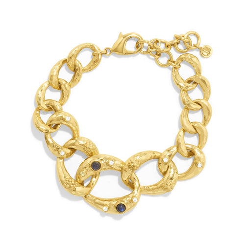 Renowned for her intelligence, influence, and beauty, this namesake bracelet carries her powerful allure. Intertwining golden links are sprinkled with blue labradorite stones that are luminous with an iridescent fire within, a reminder of inner strength. Eye-catching and unforgettable, this timeless piece works just as well with a power suit as it does a pair of jeans. Complete the set with our Cleopatra Chain necklace.