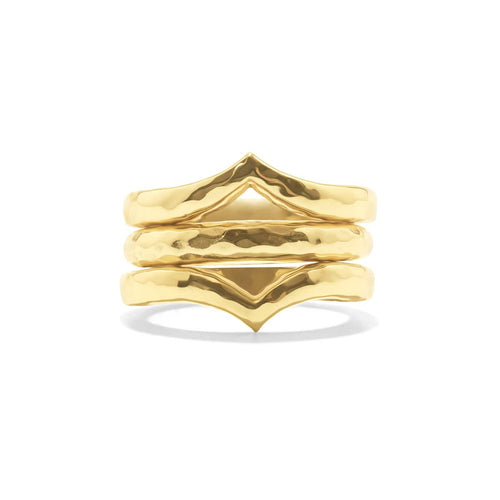 Renowned for her intelligence, influence, and beauty - our icon for the ages had it all. And if she taught us anything, it is that more is more, and a striking set of stacking rings in hammered gold is just the thing for queening over every one of life’s many peaks, valleys, and adventures in between. 