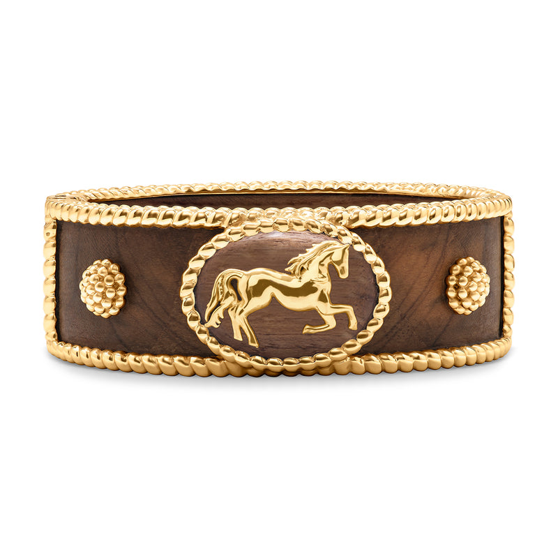 For those who love the majesty of horses, our hand-carved teak wood cuff features an intricately sculpted golden horse galloping in the wind.