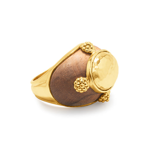The Greek goddess personifying Earth, Gaia is strong, protective and nurturing. This hand-carved teak wood ring is accented with gleaming gold and is a natural neutral that transitions beautifully from casual to formal and day to night.